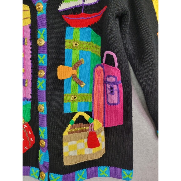 Storybook Knits Vintage Travel Cardigan Medium Black Suitcase Globe Sailboat - Picture 3 of 13